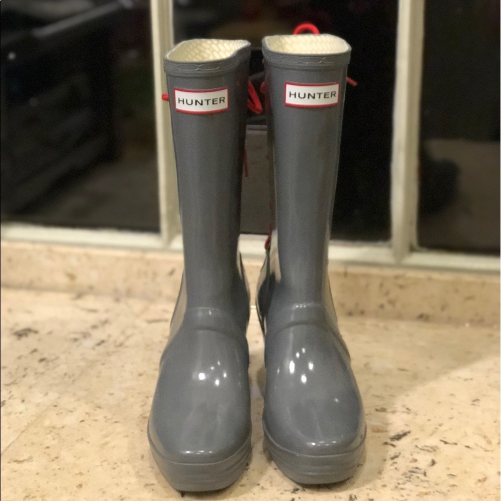 Gray Wedge Hunter Boots with Red Laced-Up Back